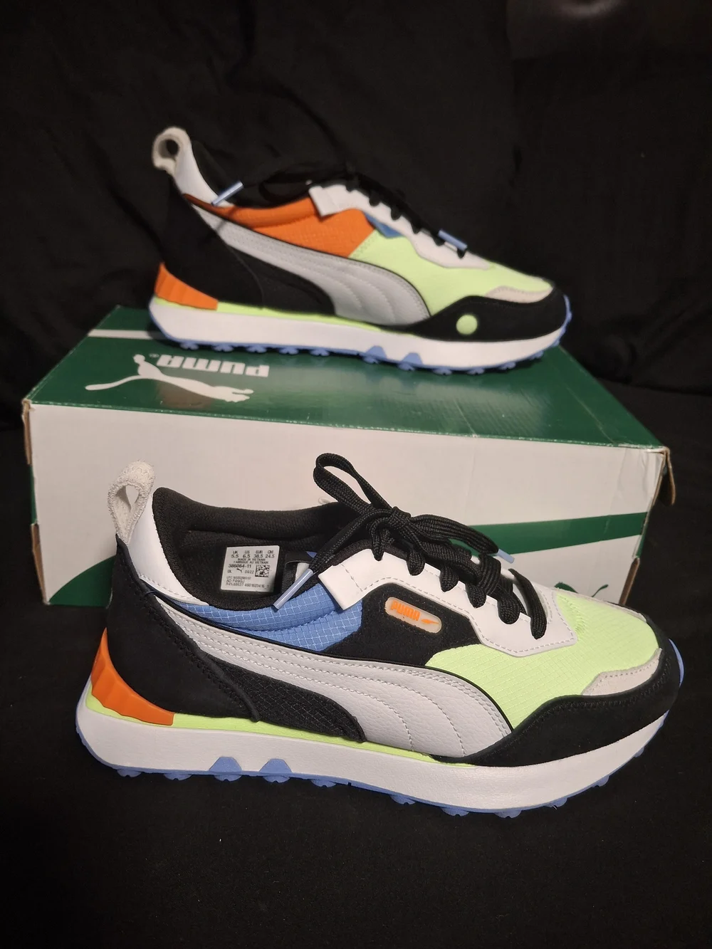 Puma Big Kids Chunky Trainer White Black Lime Green with Blue and Orange Accents